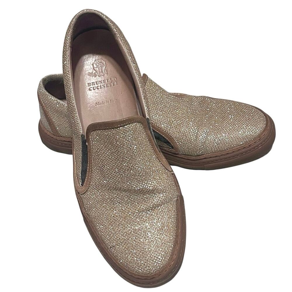 Authentic Brunello Cucinelli Metallic Gold Lurex Mesh Slip On Loafer Sneakers 38